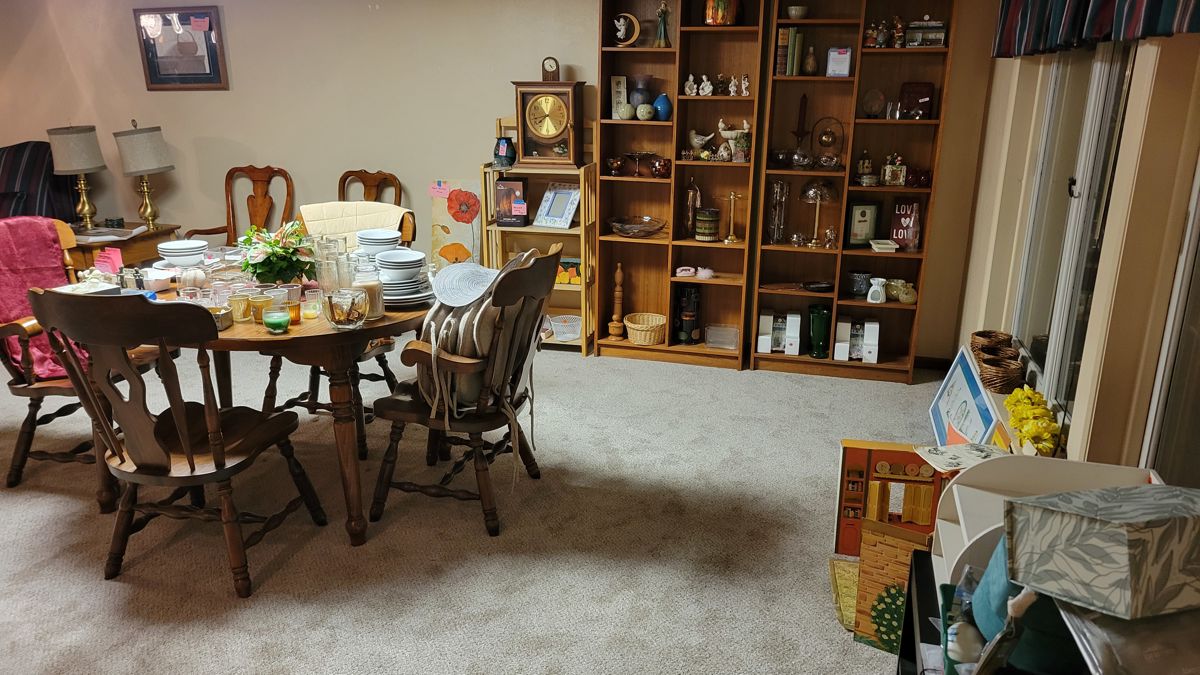 Dining Room Table, Shelving, Partylite Candle Collection, Candle holders, Soapstone Dragon, Hummel Ornaments (2), Mantle Clock, Lamps, Sofa, Arm Chairs, End Tables