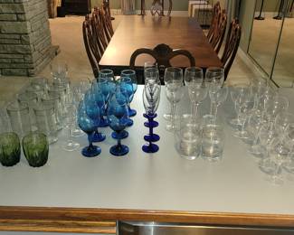 Blue, Green, and Clear Glassware, Champagne Flutes, Wine Glasses, Water Glasses