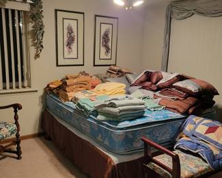 Queen size bed and frame, artwork, chair, bench, blankets, pillows, towels,