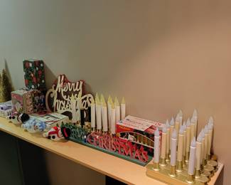 Battery Powered Christmas candleabra's, plug-in Snowmen night lights, Merry Christmas signs