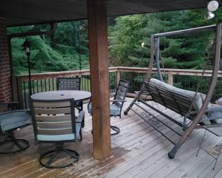 Patio table, patio chairs, patio swing, firepit