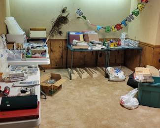 Scrapbooks, scrapbook tools, scrapbook scissors, stamps, peacock feathers, mesh reusable shopping bag, organizers and more