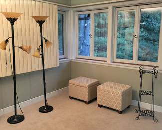 Two floor lamps, two ottomans that open for storage, plant stand.