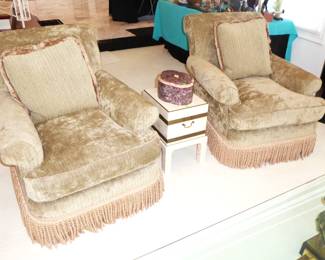 Comfy chairs with Maitland Smith Tessellated Stone & Brass Chest