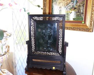 Antique Qing Dynasty Table Screen Depicting Taoist Deity holding Scroll.