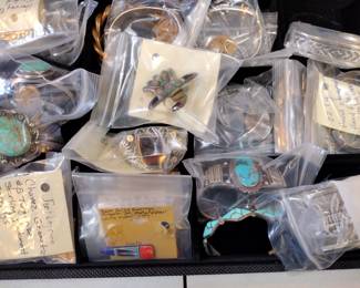 Fine Native American Sterling and Turquoise cuff bracelets, squash blossom Necklaces, pins and pendants 