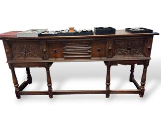 Carved front solid wood buffet with matching locking hutch