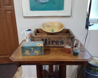Signed giclee, antique table, embroidered top box, raku box, hires root beer tote