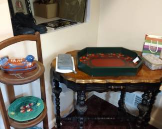 Antique table,  majolica, coach bags