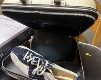 Vintage bowling ball, shoes and bag