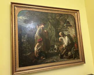 Antique Oil on Canvas – Highest & Best Offer 
Highest & Best Offer due no later than 4:00 PM, Wednesday 9/17
Very old antique framed oil painting depicting a rustic family scene with a basket weaver, women, and child. Rich in detail, beautiful coloration, and full of historic charm — a true statement piece of period art.
