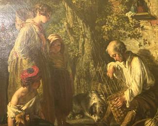 Antique Oil on Canvas – Highest & Best Offer 
Highest & Best Offer due no later than 4:00 PM, Wednesday 9/17
Very old antique framed oil painting depicting a rustic family scene with a basket weaver, women, and child. Rich in detail, beautiful coloration, and full of historic charm — a true statement piece of period art.
