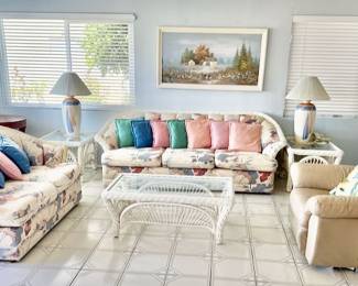White wicker couch, loveseat, end tables, & coffee Table