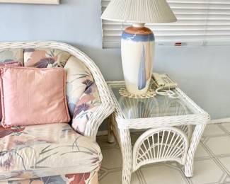 White wicker couch, loveseat, end tables, & coffee Table