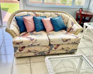 White wicker couch, loveseat, end tables, & coffee Table