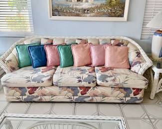 White wicker couch, loveseat, end tables, & coffee Table