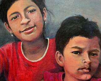 "Nicaragua Duo" - Original Acrylic on Canvas Portrait. This vibrant artwork beautifully captures the warmth and expression of childhood through bold colors and detailed brushwork. A striking addition to any art collection, this one-of-a-kind painting brings cultural depth and emotional connection to your home or gallery.