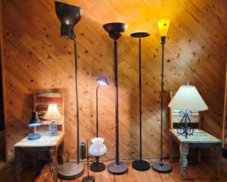 An assortment of lamps featuring both floor and table styles. The collection includes tall torchiere floor lamps with varied shades and finishes, a whimsical lamp with star accents, and several smaller table lamps with different designs, from classic fabric shades to modern metal ones.
