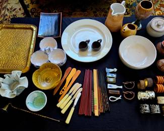 A collection of various household, tableware, and decorative items.