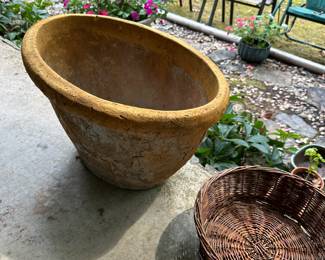 rustic terracotta plant pot, basket, outdoor chairs
