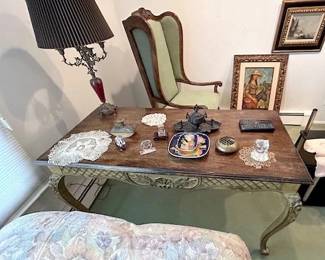 French Style Desk, Lamp and Wing back chair.