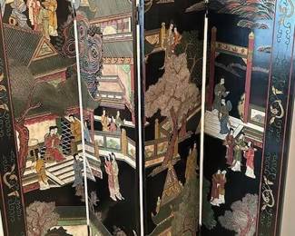 Carved Lacquer Chinese 4 panel screen 