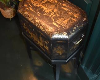 Chinese Black & Gold Lacquer Landscape Decorated Box on stand