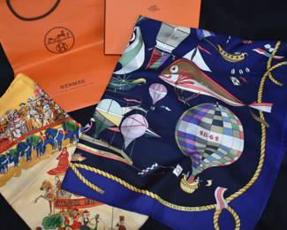Vintage Hermès Cirque Mollier Carré 90 Silk Scarf and
Vintage Hermès Les Folies Du Ciel Silk Scarf, 1984