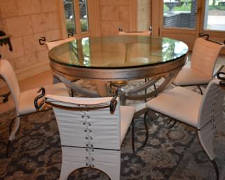 Custom Round Iron with Glass Top Dining/Entry Table with 6 Custom Wrought Iron Upholstered Dining Chairs