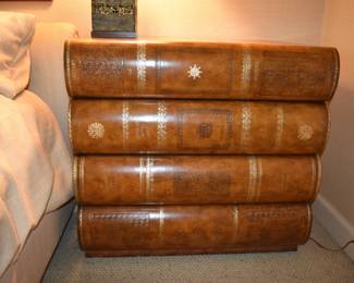 Pair of Maitland Smith Stacked Books Leather 4 Drawer Chests