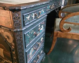 John Widdicomb Chinoiserie Partner's Desk Hand Painted, Leathertop