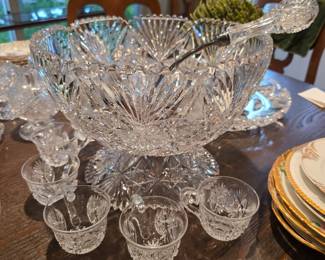 American Brilliant Period Cut Glass Punch Bowl, 7 cups, & Ladle