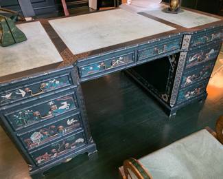 John Widdicomb Chinoiserie Partner's Desk Hand Painted, Leathertop