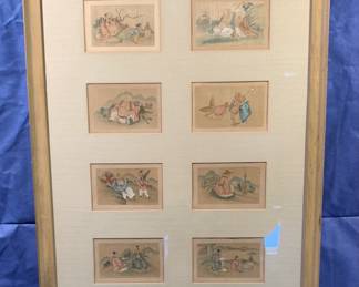 Series of mounted Chinese hand painted images on rice paper over silk