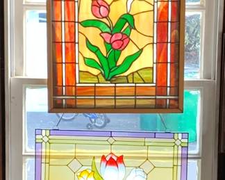On top: framed/hanging leaded stained glass tulips and dove of peace. On bottom: Gallery Glass medium on lead framed hanging panel of glass.
