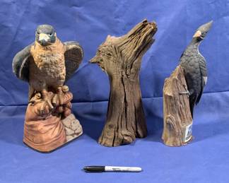 Bird decanters (empty), driftwood shaped “horse head.”