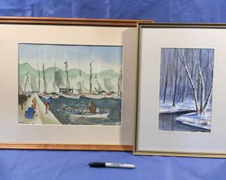 Original signed watercolors: “Winter scene” by Ted Nystrom/American artist, “Boats at dock” by Theodore Hancock - 1923-1989 (British born, naturalized American citizen)