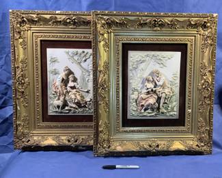 Colored reliefs mounted and ornately framed