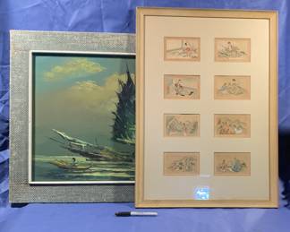 Oil on canvas painting of Chinese fishing junk and series of hand painted images on rice paper on silk 