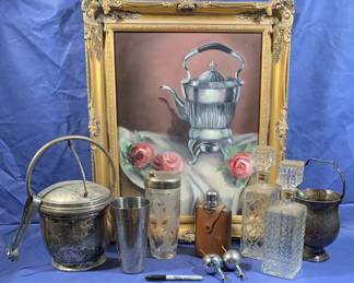 Vintage bar ware against tea-totaler painting.