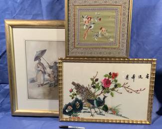 Framed Chinese print, framed silk embroideries