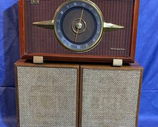 Bottom: GE T-1000C AM/FM/FM stereo. Mid-Century design in walnut and cherry. 1963. Needs new connector wire. Top: RCA Victor model 56X3 vacuum tube AM radio. 1945. Works!