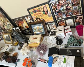 Matted movie memorabilia (Titanic, Wizard of Oz, Gone With the Wind, Star Wars). Star Trek Hallmark ornaments, antique water pitcher,  cigar boxes, antique car foot warmer.
