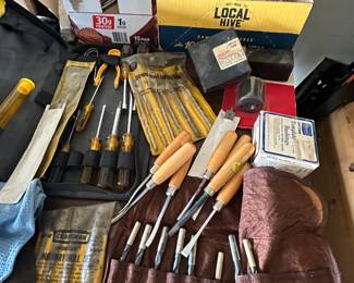 Woodworking tools, drill bits, screwdrivers, hammers, etc. 