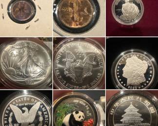 Silver, pandas, coins. 
