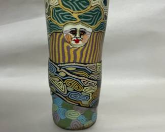 $1,250 - Original Jane Peiser piece.  Jane Peiser is known for multi-colored porcelain hand build forms including small sculptures. She used this process to create intricate patterns and subtle color gradations. This process results in unique pieces of visually complex integral patterns.  Often pattern gives way to representational scenes filled with flowers and animals. She uses relief pieces of either solid colored clay or patterns to add another dimension to her work.  Most of her work is salt glazed. “I’m looking back on 75 years of life on this amazing earth, 45 years in which it has been my great privilege to earn a living making pottery. 
