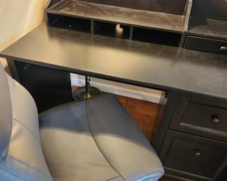 Small Black Desk. High Quality Grey Leather Desk Chair. 