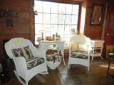 Wicker ocker, table and chair (plus matching sofa) sold as a set only! Wicker sewing stand, floral holder, wine holder and magazine rack...