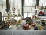 vintage lamps and shades, tins...