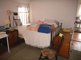 brass bed (with blankets, etc) sewing rocker, oak record cabinet/night stand, blanket chest